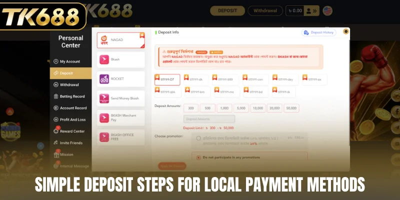 Simple deposit steps for local payment methods
